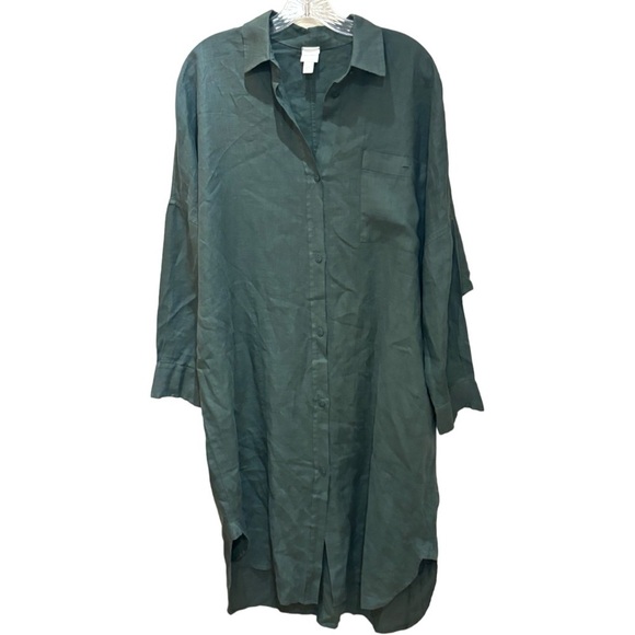 MaxMara Procida Long Sleeve Flax Linen Shirt dress In Dark Green - Picture 2 of 5